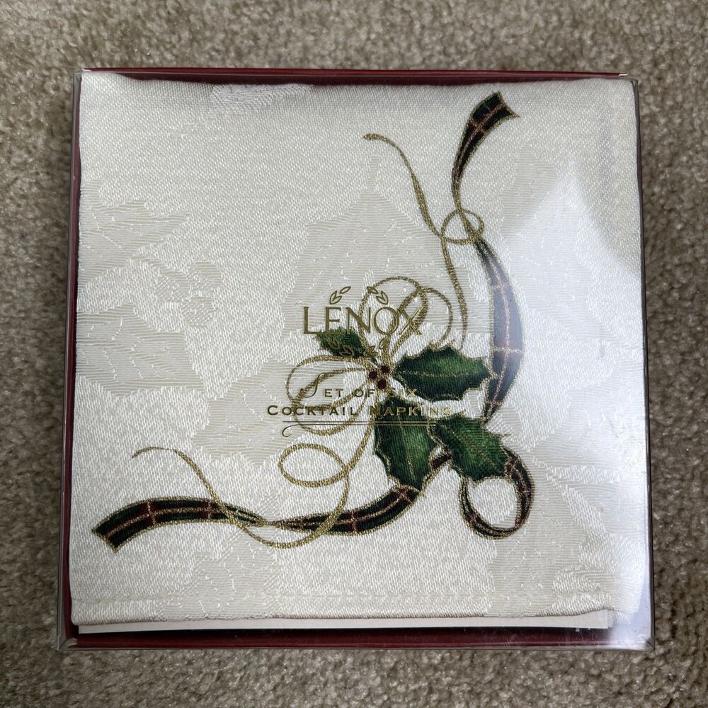 NIB Lenox Holiday Noveau Cocktail Napkins Christmas Set Of 6 10X10”